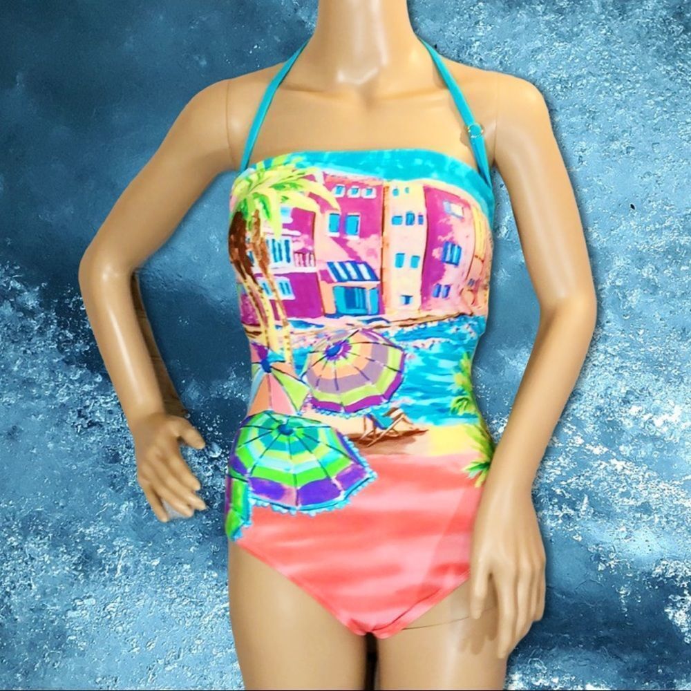 Anne Cole Beach Print 1 Piece Strapless Swimsuit S - Picture 2 of 16